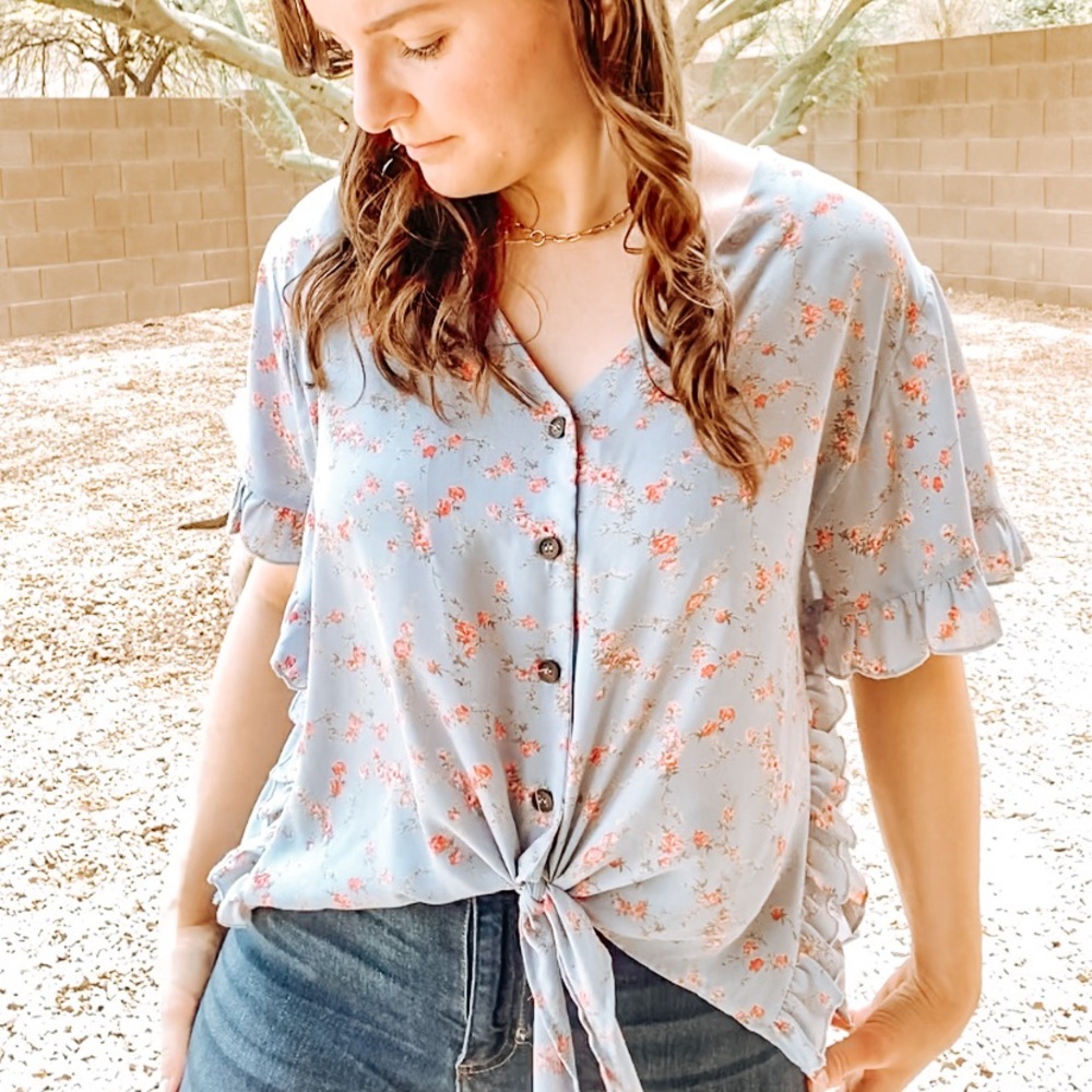 Nanamacs tie front blue and orange floral blouse